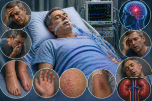 Ilustratie medicala coma uremica cu pacient inconstient si semne de insuficienta renala severa fara text