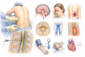 Ilustratie medicala reprezentativa pentru complicatiile anesteziei epidurale, stil educational tip Mayo Clinic