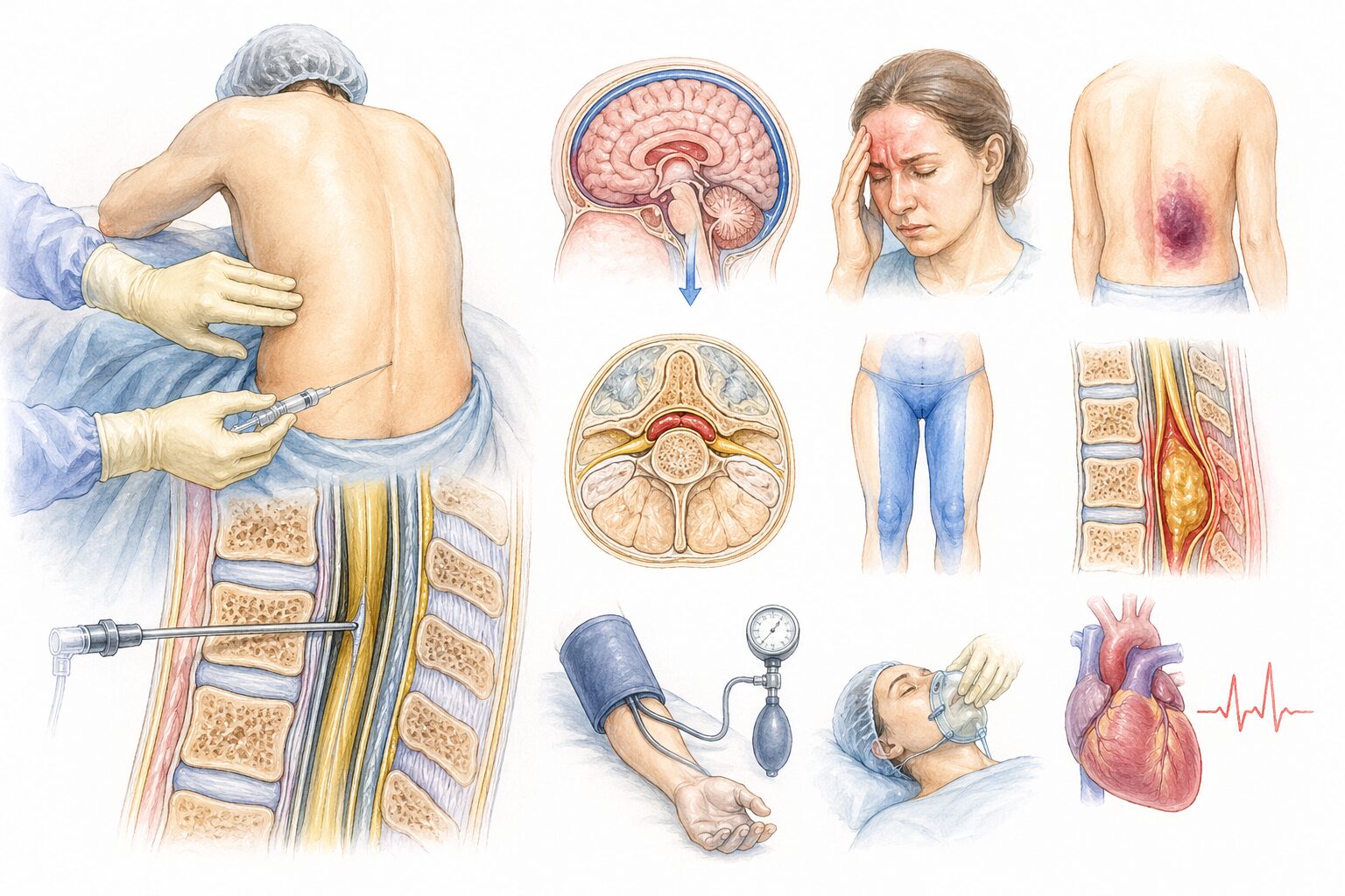 Ilustratie medicala reprezentativa pentru complicatiile anesteziei epidurale, stil educational tip Mayo Clinic