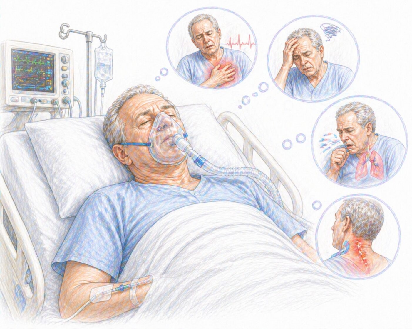 Ilustratie medicala stil Mayo complicatii anestezie generala cu pacient monitorizat respirator si in recuperare fara text