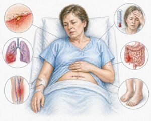 Ilustratie medicala stil Mayo complicatii postoperatorii cu durere infectie febra si recuperare dificila dupa interventie fara text