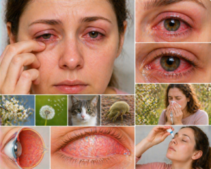 Ilustratie medicala conjunctivita alergica cu ochi rosii inflamati lacrimare si iritatie oculara