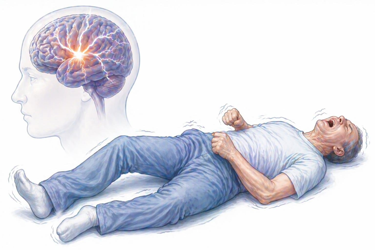 Ilustratie medicala minimalista convulsii severe cu activitate electrica cerebrala anormala fara text