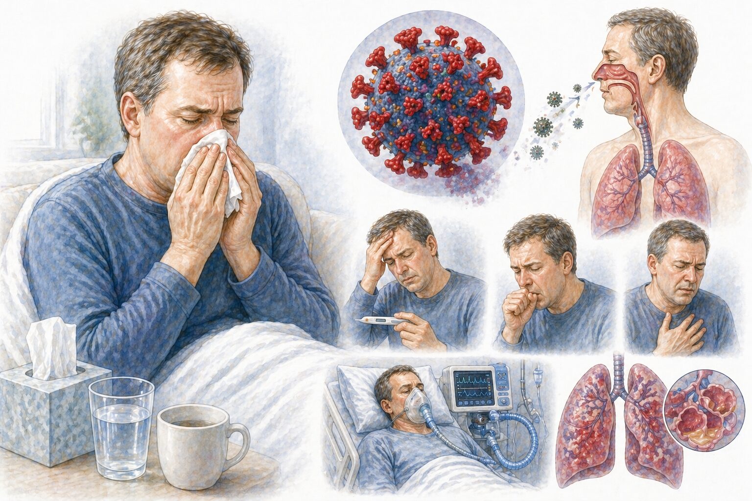 Ilustratie medicala reprezentativa pentru infectia COVID-19, pacient cu simptome respiratorii si afectare pulmonara, stil educational tip Mayo Clinic