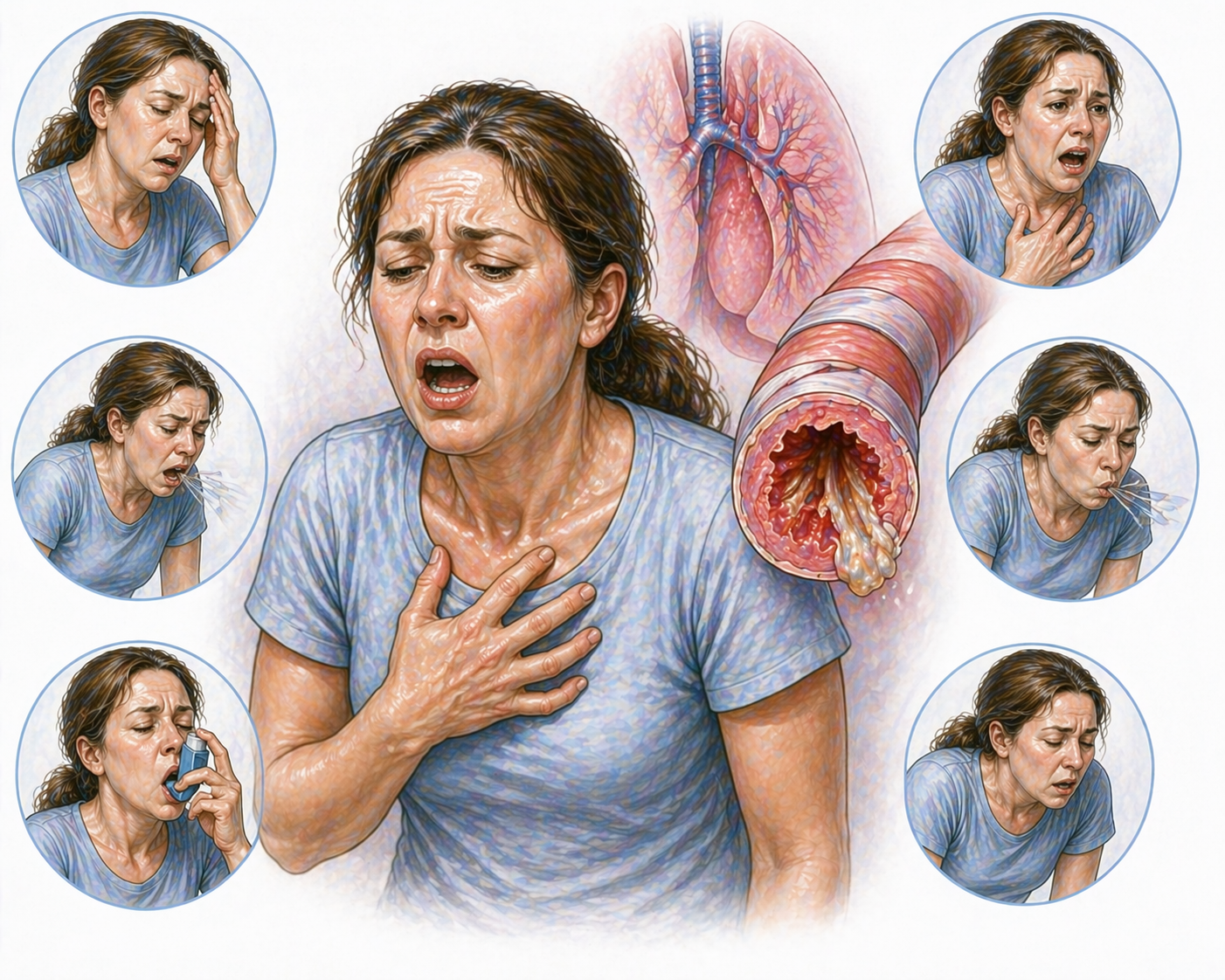 Ilustratie medicala stil Mayo simptome criza de astm sever cu dispnee wheezing senzatie de sufocare si obstructie a cailor respiratorii fara text