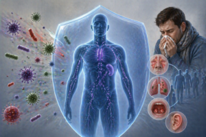 Ilustratie medicala deficit de imunitate fara text cu sistem imunitar slabit si infectii recurente