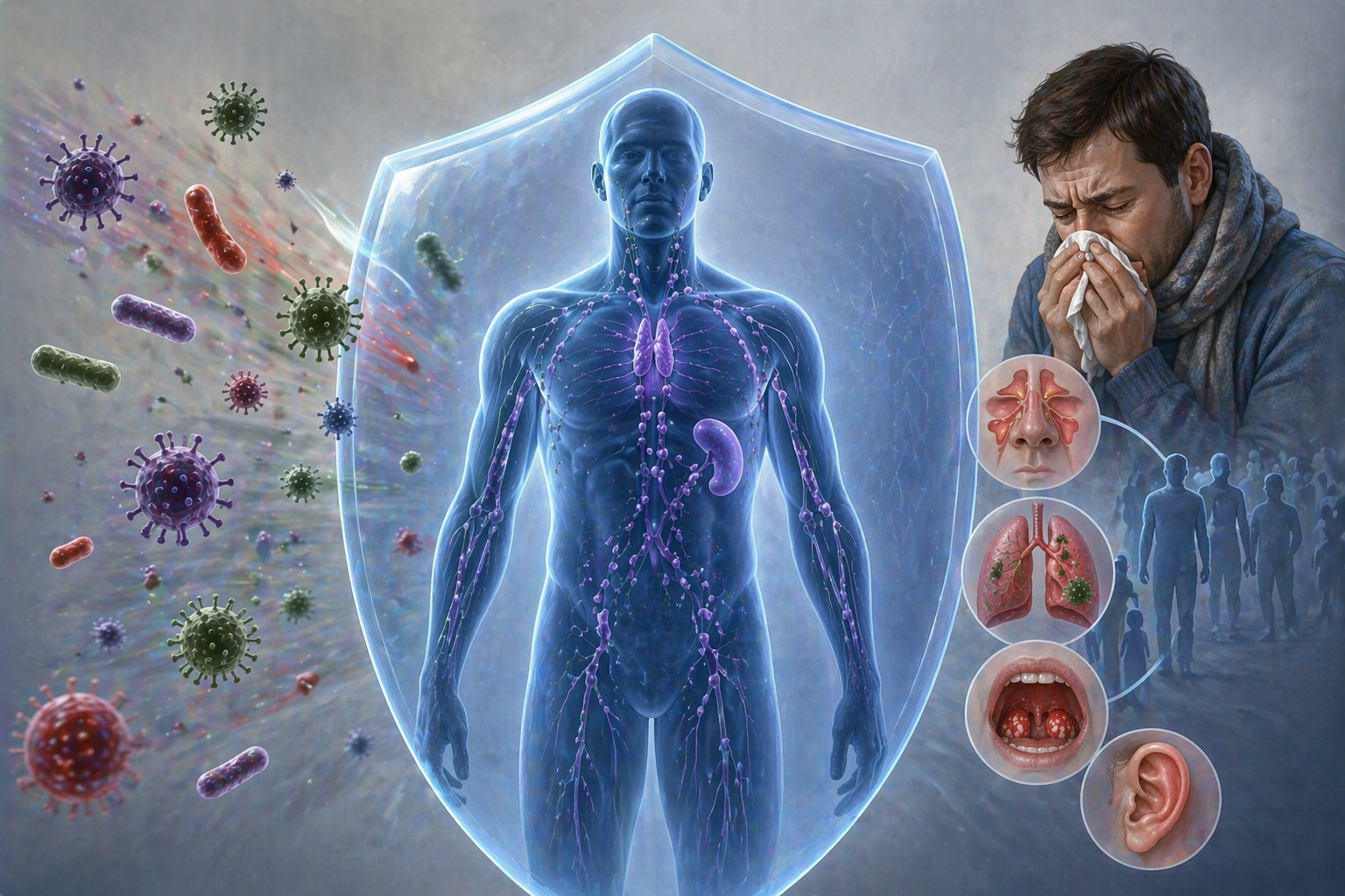 Ilustratie medicala deficit de imunitate fara text cu sistem imunitar slabit si infectii recurente