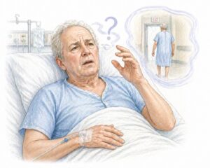 Ilustratie medicala stil Mayo delir postoperator cu confuzie dezorientare si agitatie la pacient dupa interventie fara text