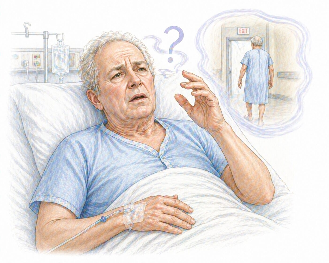Ilustratie medicala stil Mayo delir postoperator cu confuzie dezorientare si agitatie la pacient dupa interventie fara text