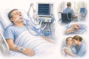 Ilustratie medicala reprezentativa pentru dependenta de ventilatie mecanica, pacient conectat la ventilator pe termen lung, stil educational tip Mayo Clinic