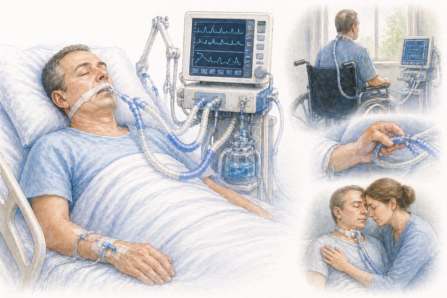 Ilustratie medicala reprezentativa pentru dependenta de ventilatie mecanica, pacient conectat la ventilator pe termen lung, stil educational tip Mayo Clinic
