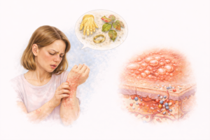 Ilustratie medicala dermatita alergica de contact cu eruptie cutanata inflamatorie si reactie la alergeni externi