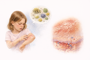 Ilustratie medicala dermatita atopica cu leziuni cutanate inflamatorii si reactie alergica la nivelul pielii