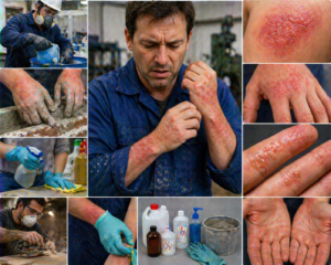 Ilustratie medicala dermatita de contact profesionala cu leziuni cutanate iritative cauzate de expunere la substante la locul de munca