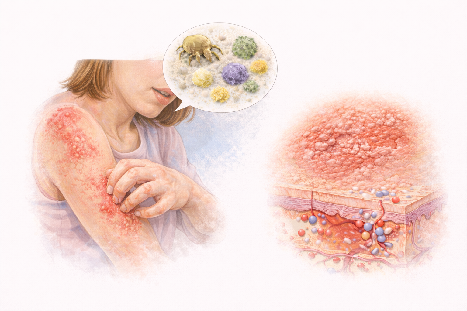 Ilustratie medicala eczema alergica cu eruptii cutanate inflamate si reactie a sistemului imunitar la alergeni