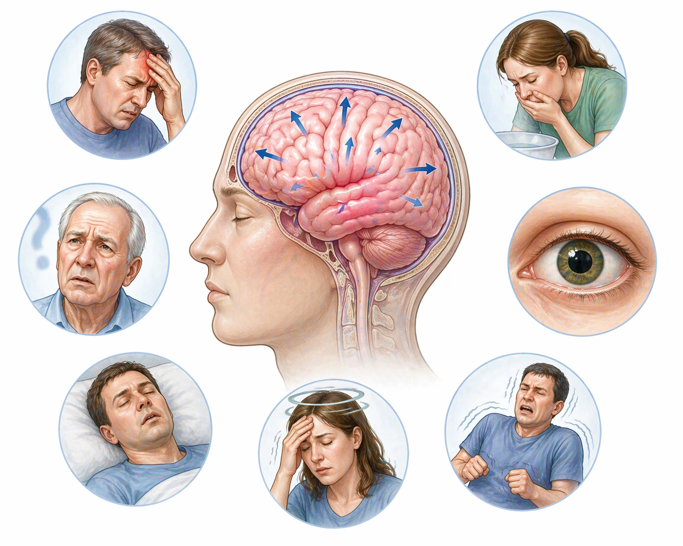Ilustratie medicala edem cerebral cu creier umflat si presiune intracraniana crescuta fara text