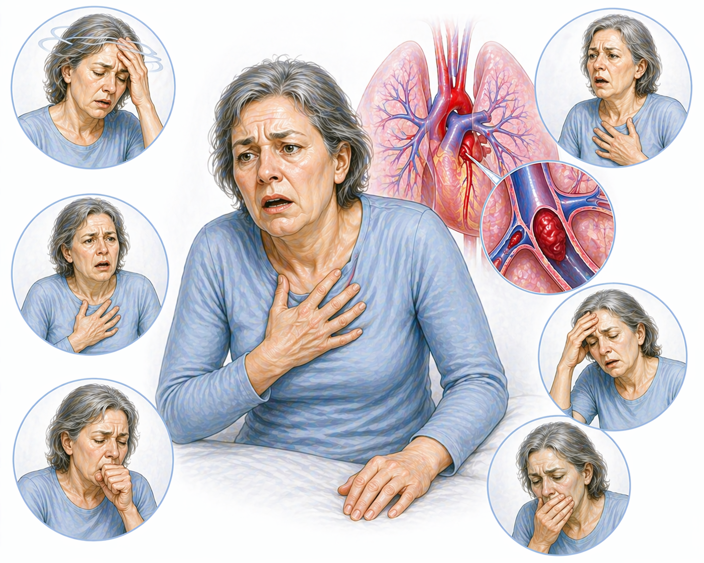 Ilustratie medicala stil Mayo simptome embolism pulmonar cu dispnee durere toracica tuse si obstructie vasculara pulmonara fara text