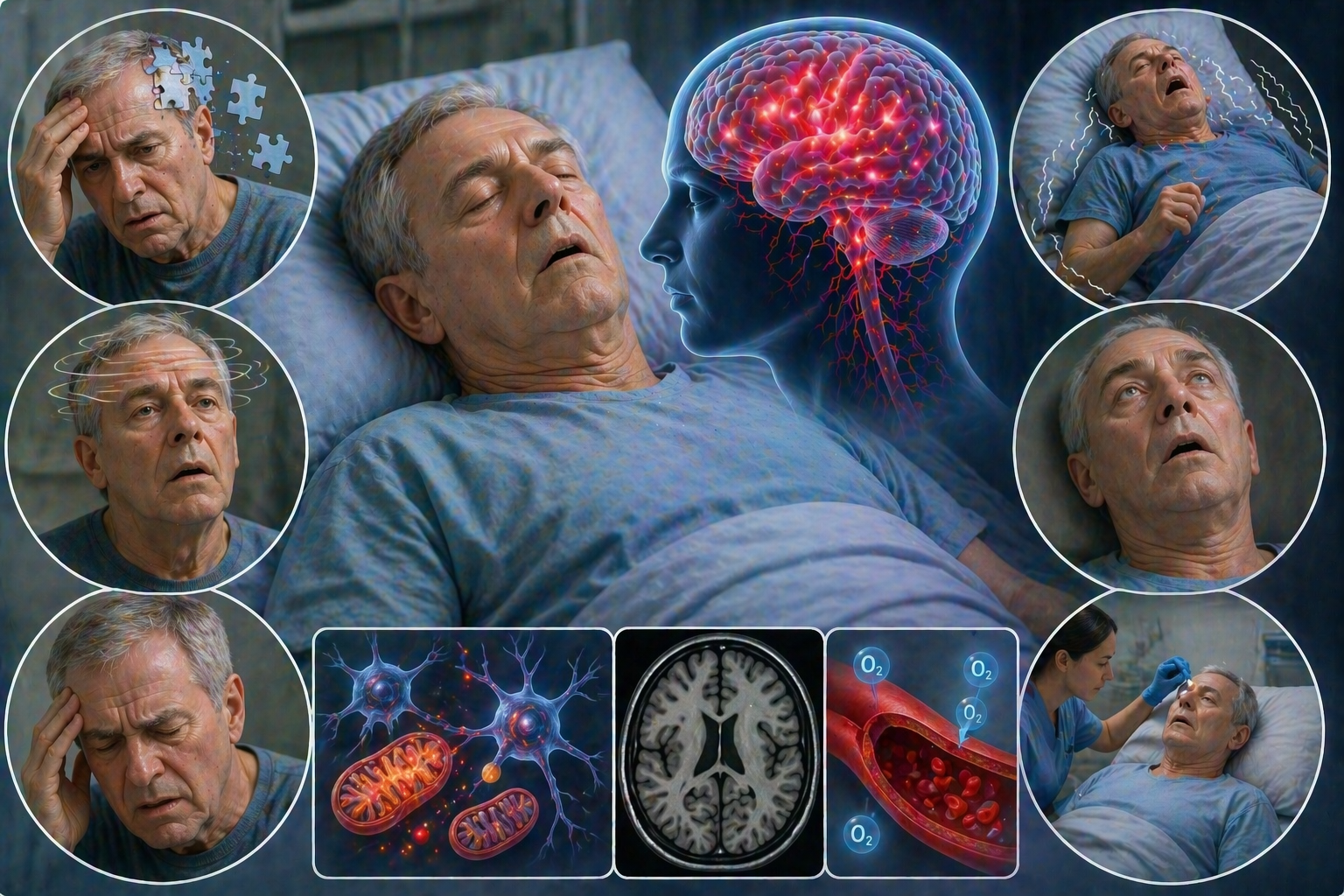 Ilustratie medicala encefalopatie hipoxica cu creier afectat de lipsa de oxigen si pacient in stare alterata de constienta fara text
