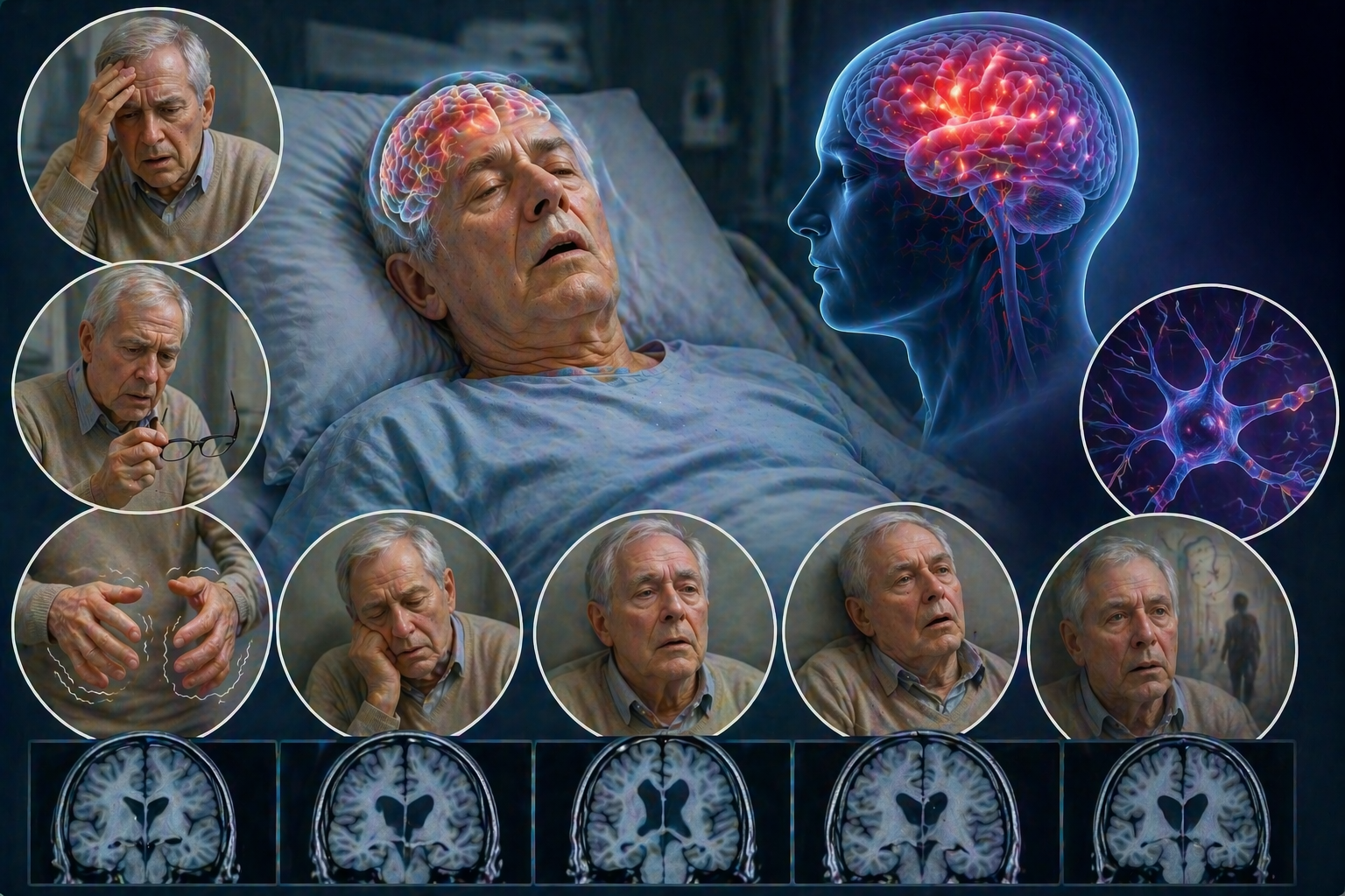 Ilustratie medicala encefalopatie cu pacient confuz si afectare cerebrala difuza evidentiata fara text