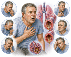 Ilustratie medicala stil Mayo simptome exacerbare BPOC cu dispnee severa tuse productiva wheezing si obstructie a cailor respiratorii fara text