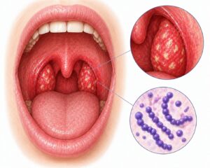 Ilustratie medicala reprezentativa pentru faringita streptococica, faringe inflamat cu depozite purulente si infectie bacteriana, stil desen manual realist, culori pastelate, fundal alb
