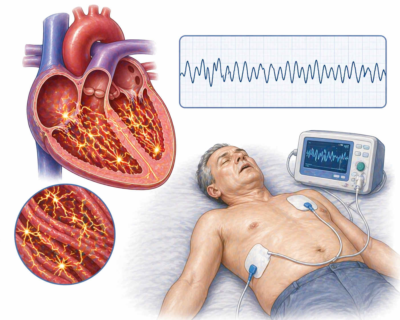 Ilustratie medicala stil Mayo fibrilatie ventriculara cu activitate electrica haotica a inimii si ritm cardiac neregulat fara text