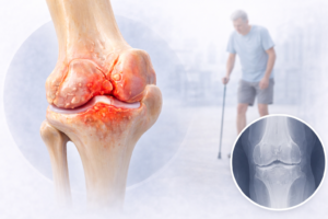 gonartroza ilustratie medicala genunchi cu cartilaj degradat si inflamatie articulara