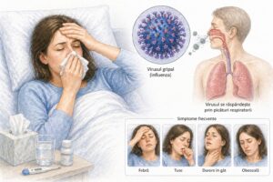 Ilustratie medicala reprezentativa pentru gripa, pacient cu simptome respiratorii acute, stil educational tip Mayo Clinic