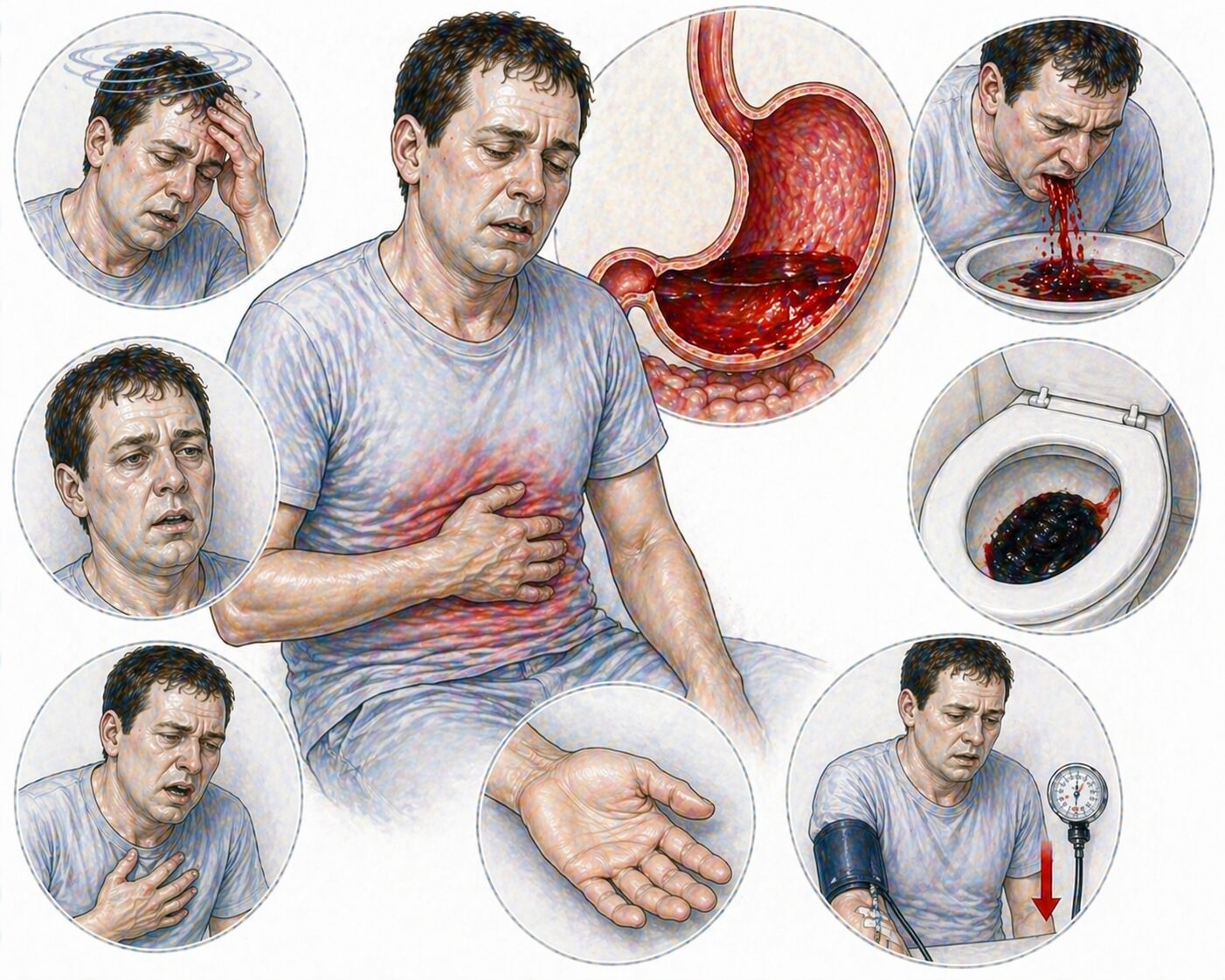 Ilustratie medicala stil Mayo simptome hemoragie digestiva cu varsaturi cu sange melena ameteli si paloare fara text
