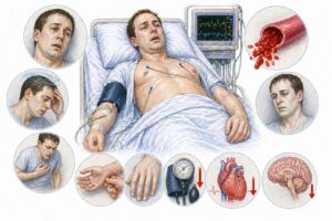 Ilustratie medicala stil Mayo simptome hemoragie masiva cu paloare slabiciune ameteli si risc de soc fara text