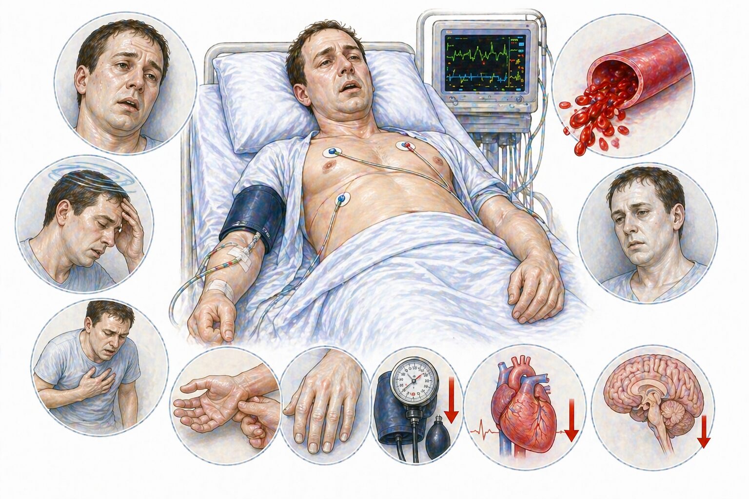 Ilustratie medicala stil Mayo simptome hemoragie masiva cu paloare slabiciune ameteli si risc de soc fara text