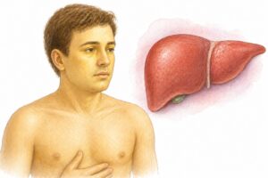 Ilustratie medicala reprezentativa pentru hepatita A, evidentiind icterul si afectarea ficatului
