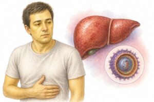 Ilustratie medicala reprezentativa pentru hepatita B, evidentiind inflamatia ficatului si icterul