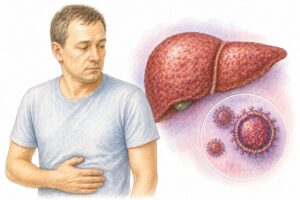 Ilustratie medicala reprezentativa pentru hepatita C, evidentiind inflamatia ficatului si infectia virala