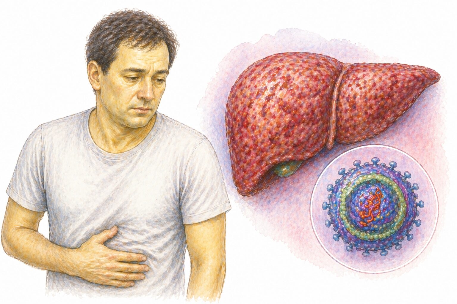 Ilustratie medicala reprezentativa pentru hepatita D, evidentiind afectarea ficatului si infectia virala, stil educational