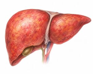 Ilustratie medicala reprezentativa pentru hepatita E, ficat inflamat cu detalii anatomice, stil desen manual realist, culori pastelate, fundal alb