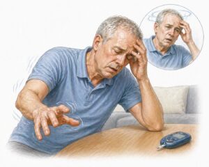 Ilustratie medicala stil Mayo simptome hipoglicemie severa cu tremor transpiratii confuzie si risc de pierdere a constientei fara text