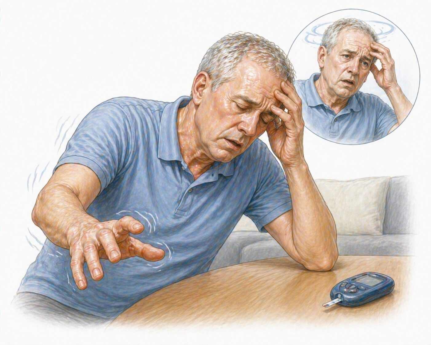 Ilustratie medicala stil Mayo simptome hipoglicemie severa cu tremor transpiratii confuzie si risc de pierdere a constientei fara text