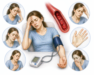 Ilustratie medicala stil Mayo simptome hipotensiune severa cu ameteli slabiciune confuzie greata si risc de lesin fara text