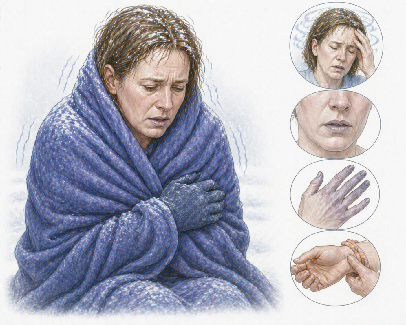 Ilustratie medicala stil Mayo simptome hipotermie cu tremor confuzie paloare si expunere la frig fara text