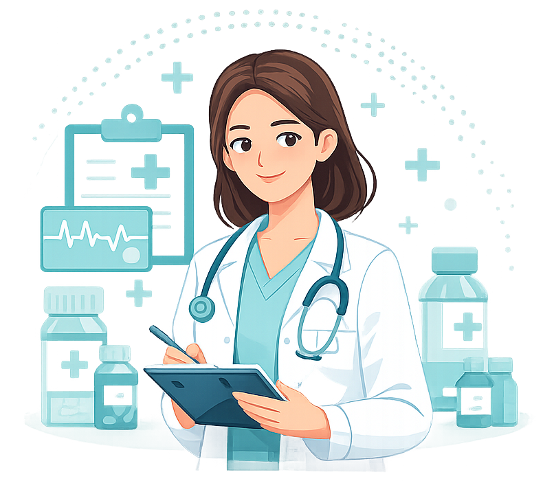 Doctor cu medicamente și notițe.