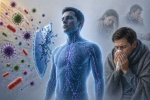 Ilustratie medicala imunitate scazuta cu sistem imunitar slabit si vulnerabilitate crescuta la infectii