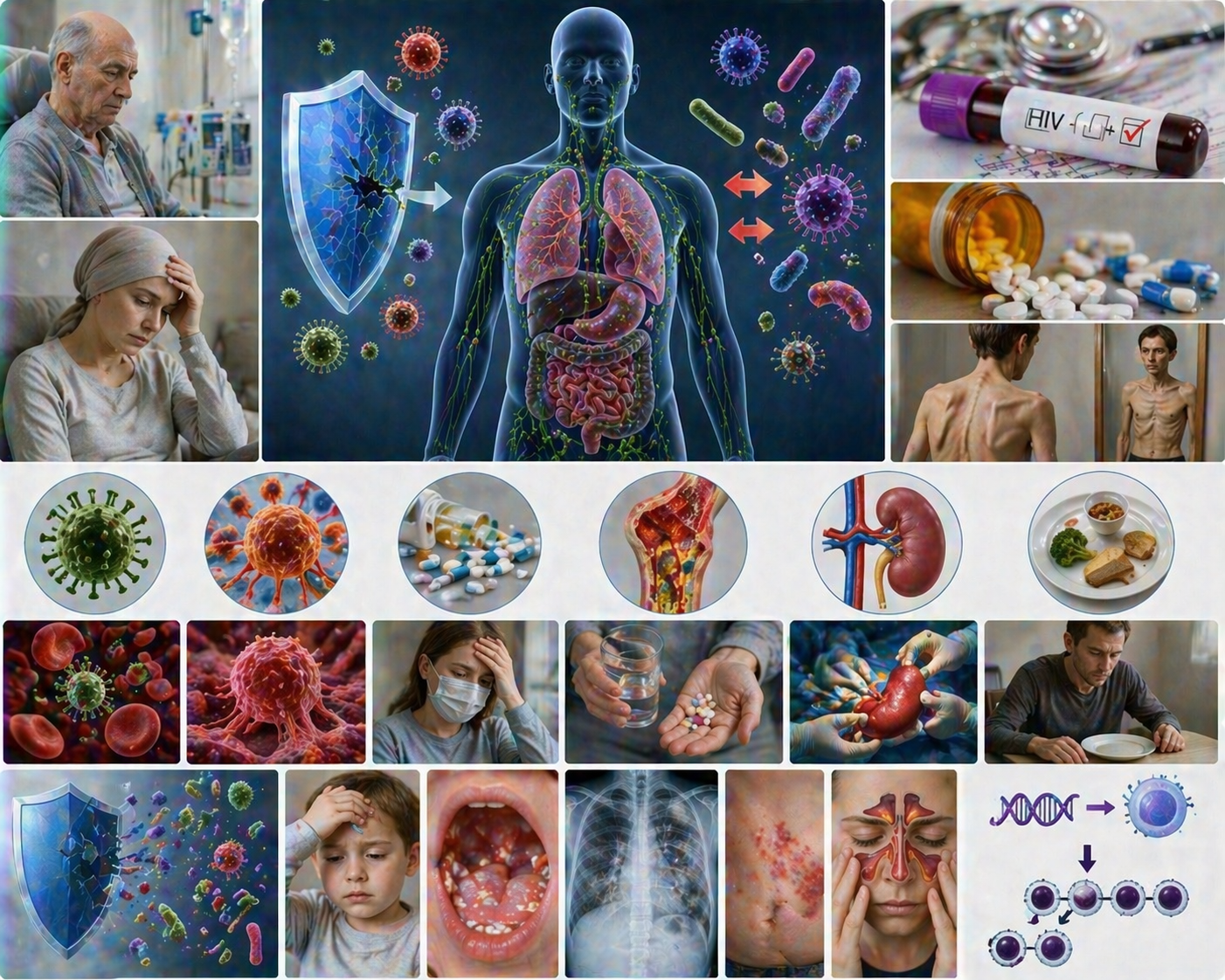 Ilustratie medicala imunodeficienta secundara cu afectare a sistemului imunitar cauzata de boli medicamente sau malnutritie