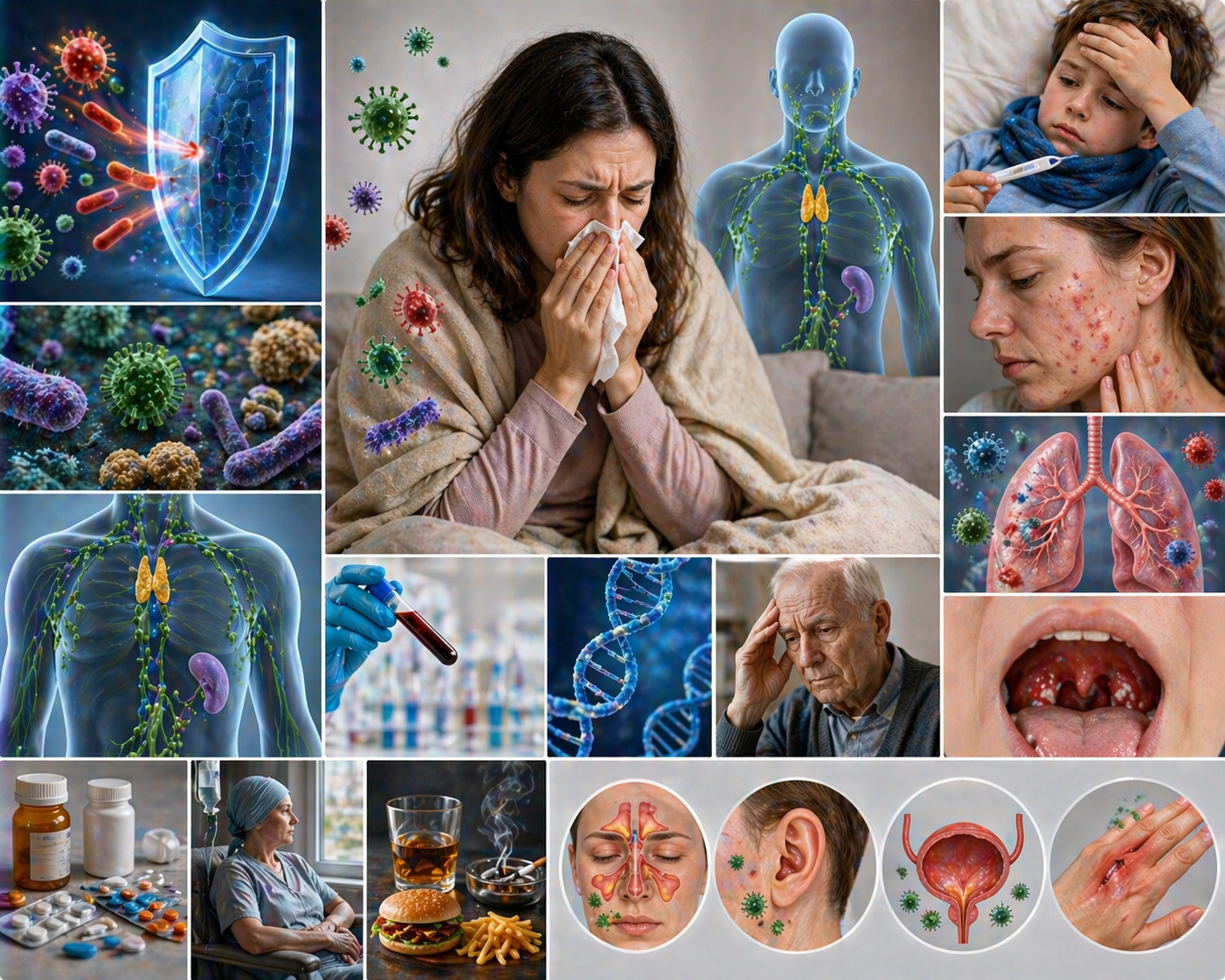 Ilustratie medicala imunodeficienta cu sistem imunitar slabit susceptibilitate crescuta la infectii si afectare generala