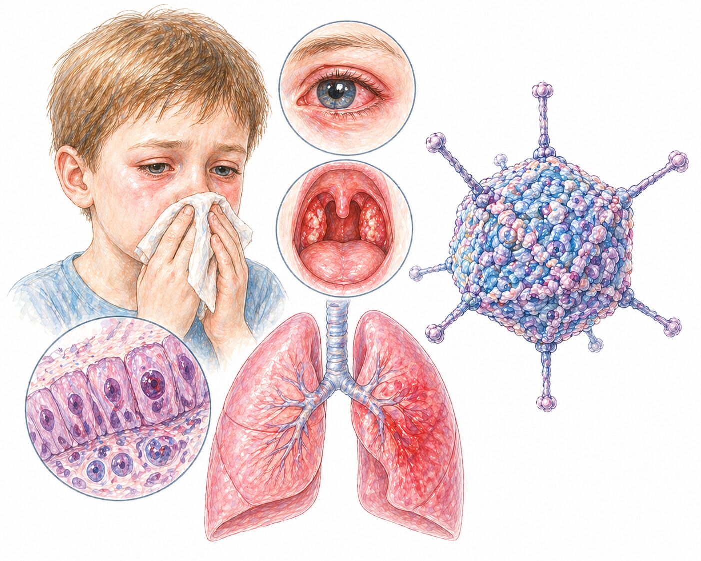 Ilustratie medicala reprezentativa pentru infectie cu adenovirus, afectare respiratorie si oculara cu reprezentare virala, stil desen manual realist, culori pastelate, fundal alb