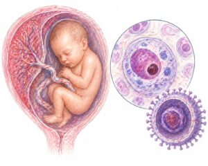 Ilustratie medicala reprezentativa pentru infectie cu citomegalovirus, transmitere materno-fetala si celule infectate ilustrate, stil desen manual realist, culori pastelate, fundal alb