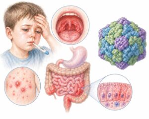 Ilustratie medicala reprezentativa pentru infectie cu enterovirus, afectare digestiva si eruptii cutanate cu reprezentare virala, stil desen manual realist, culori pastelate, fundal alb