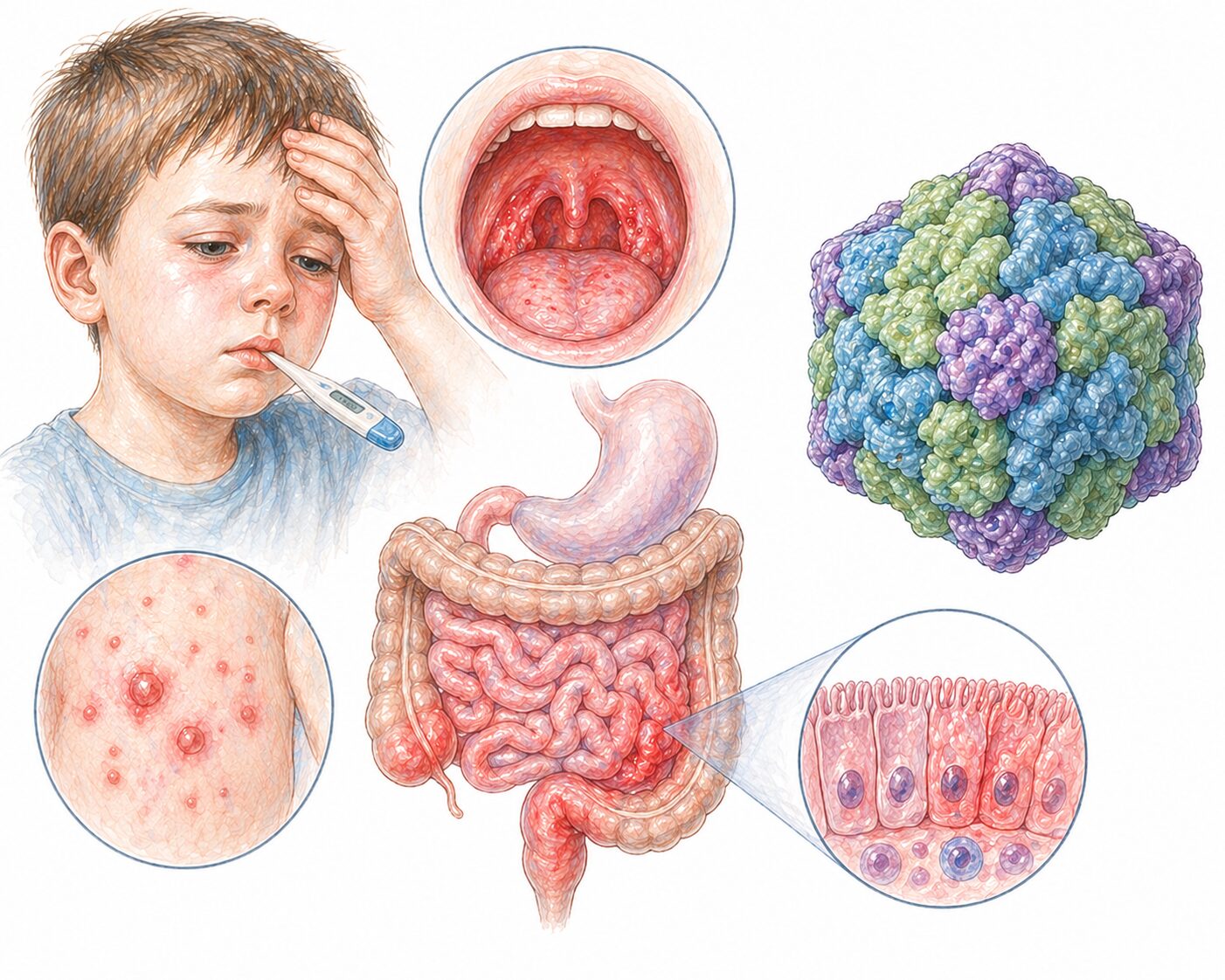 Ilustratie medicala reprezentativa pentru infectie cu enterovirus, afectare digestiva si eruptii cutanate cu reprezentare virala, stil desen manual realist, culori pastelate, fundal alb
