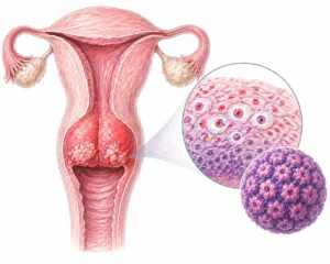 Ilustratie medicala reprezentativa pentru infectie cu HPV, zona cervicala cu modificari celulare si virus HPV ilustrat, stil desen manual realist, culori pastelate, fundal alb