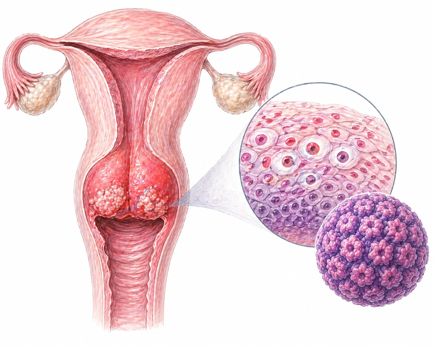 Ilustratie medicala reprezentativa pentru infectie cu HPV, zona cervicala cu modificari celulare si virus HPV ilustrat, stil desen manual realist, culori pastelate, fundal alb